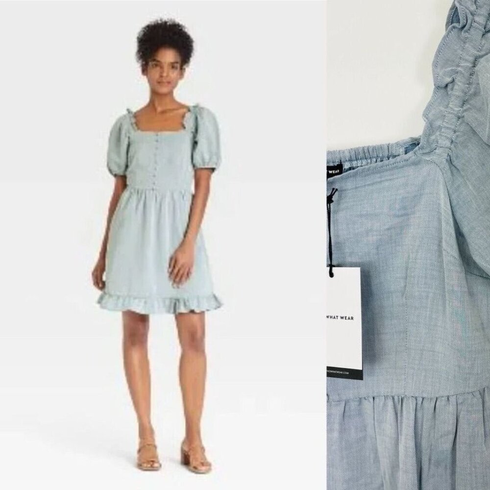 NWT Light Denim Square Neck Chambray Blue Sun Dress